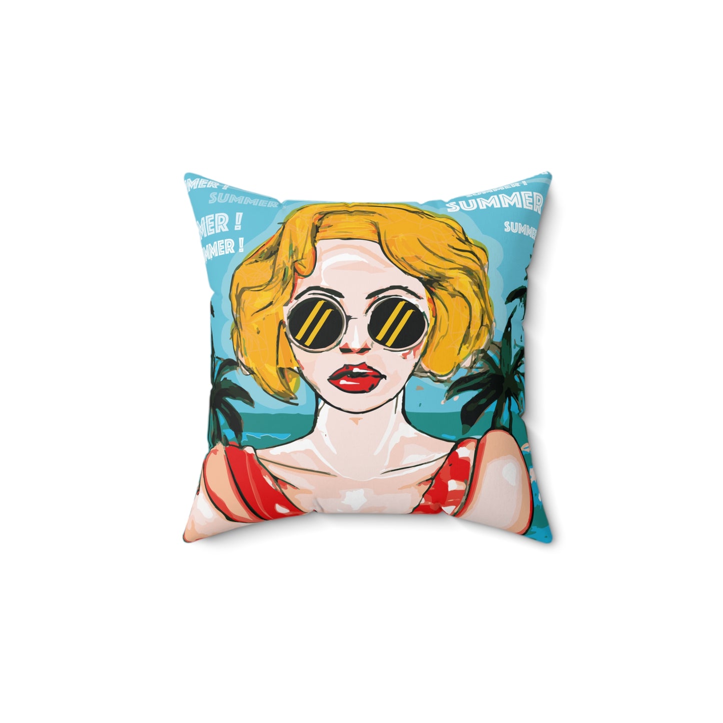 Girl at playa Palm Pop art  -  Square Pillow