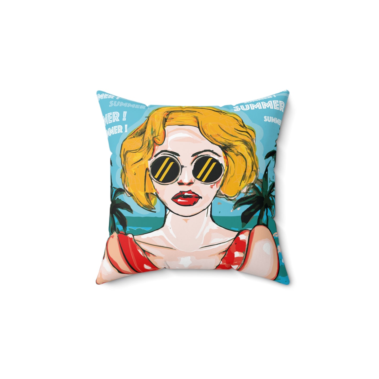 Girl at playa Palm Pop art  -  Square Pillow