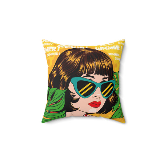 Brunette - Fille Pop art Exotique - Coussin Carré 🍎